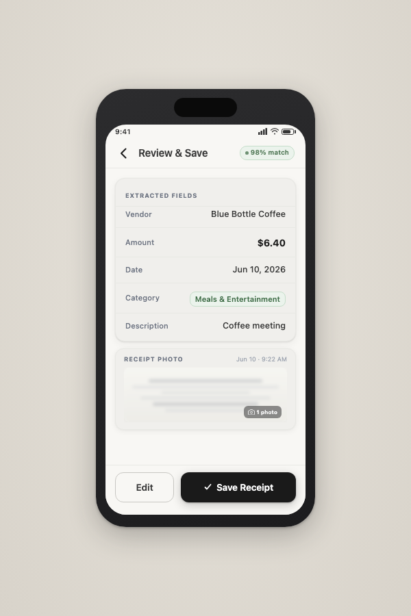 ReceiptNote scan confirmation screen showing extracted fields: Vendor "Blue Bottle Coffee", Amount "$6.40", Date "2026-06-10", Category "Meals and Entertainment". Mobile frame, on-brand.